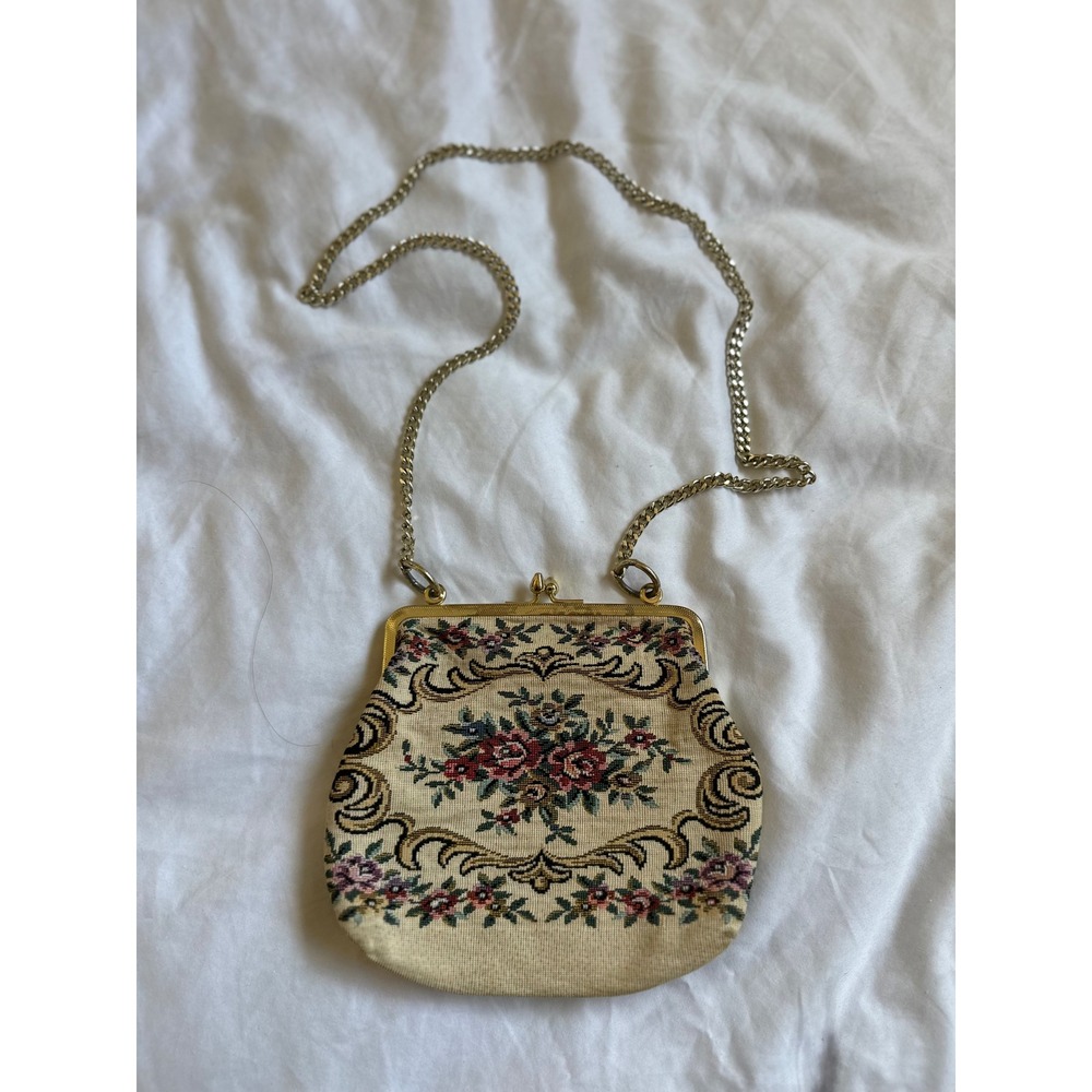 Vintage Delill Tapestry Floral Kiss Lock Evening Bag Gold Chain Made in Japan